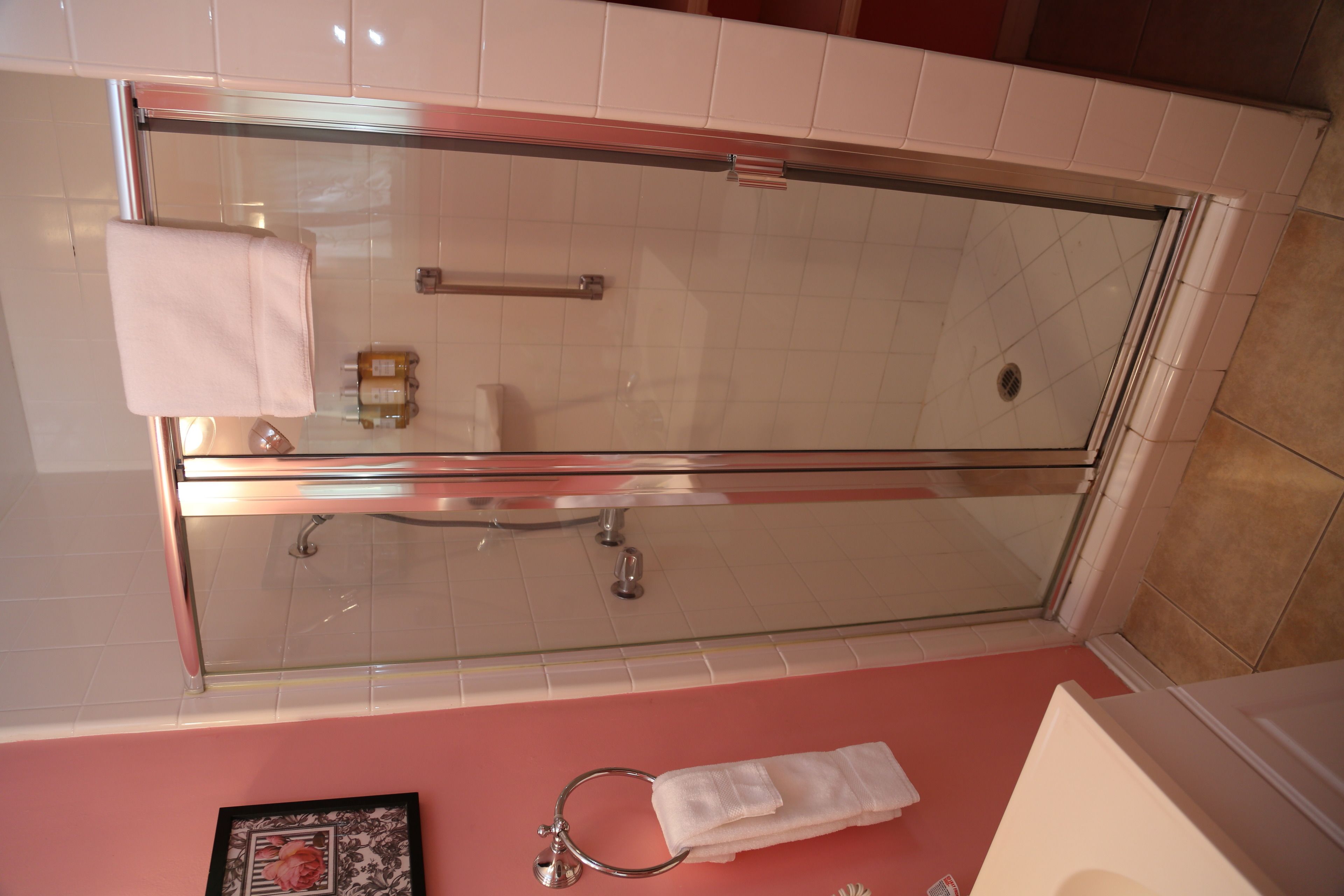 Eine Duschkabine mit Glastüren, ein weißes Handtuch an der Wand, eine kleine Shampooflasche und ein gerahmtes Bild.