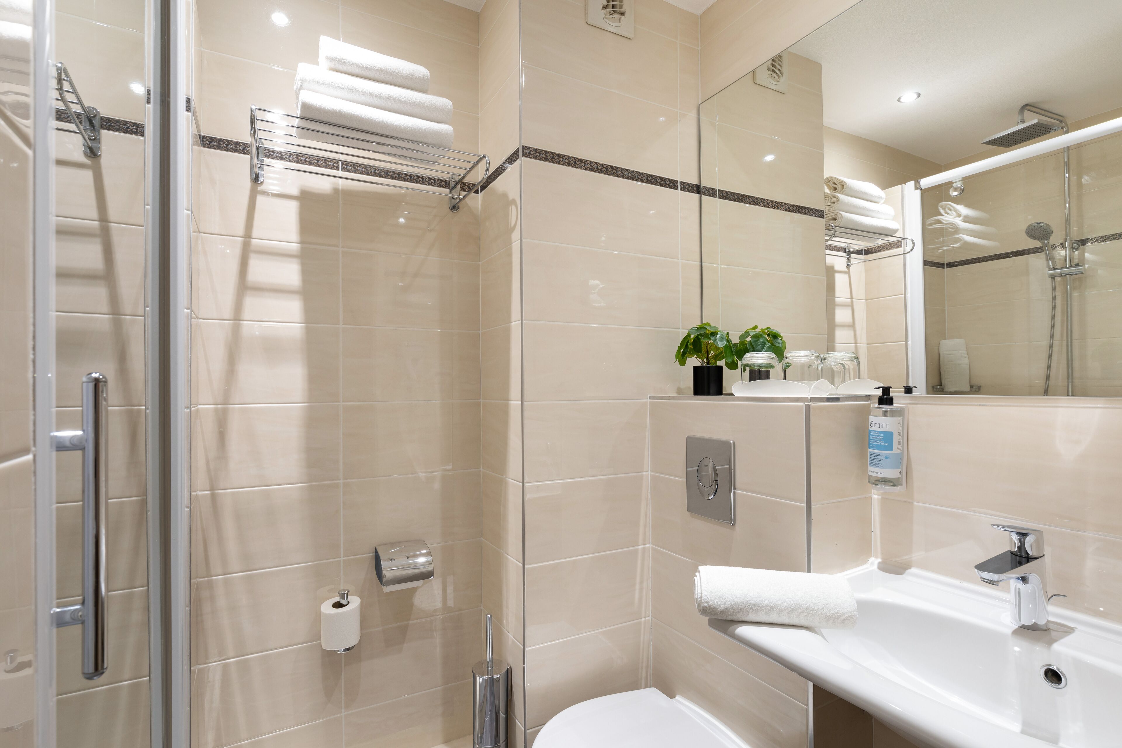 free toiletries, hair dryer, towels