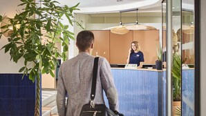 Zona de recepción con recepcionista, una planta en maceta y mostrador de registro.