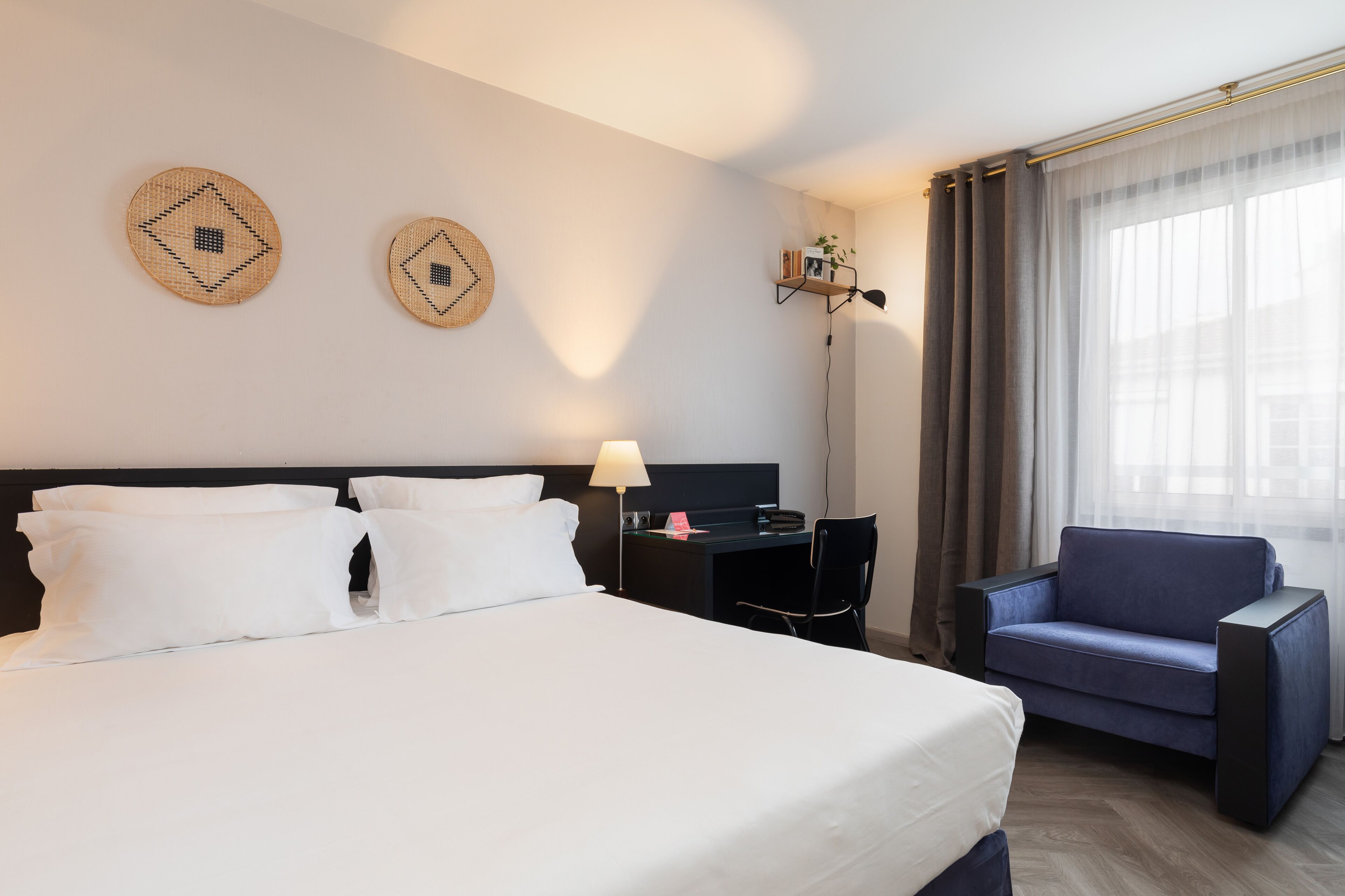 family room | premium bedding, desk, laptop workspace, blackout curtains