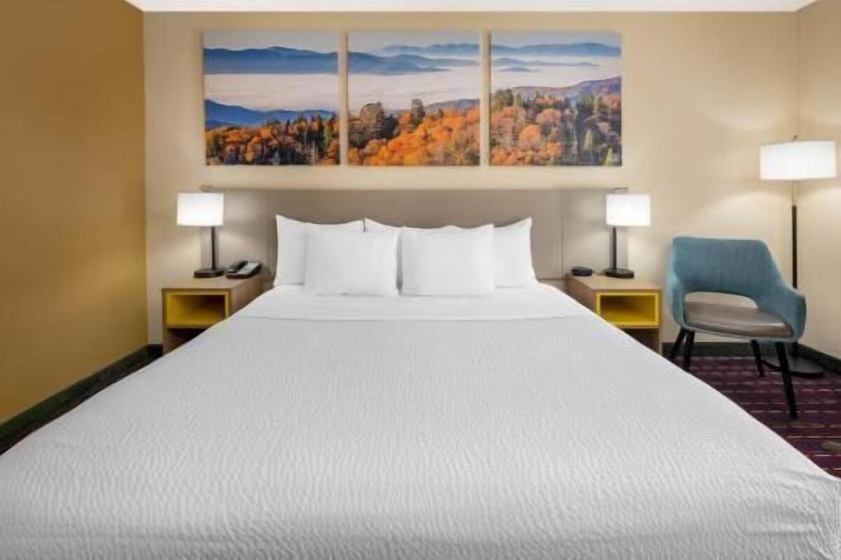Habitación de hotel con una cama grande, dos mesitas de noche con lámparas, una silla y un cuadro colgado en la pared.
