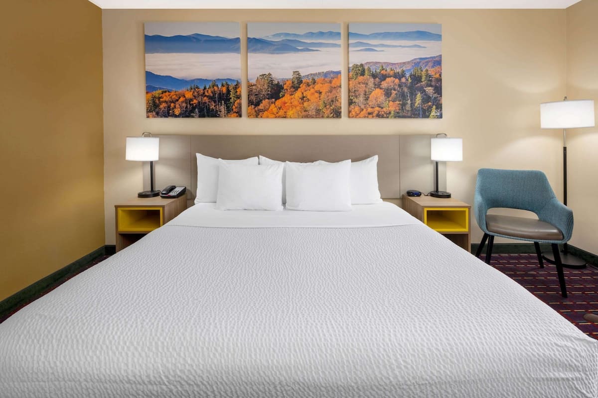 Una habitación de hotel con una cama grande, dos mesitas de noche con lámparas, una silla y un cuadro colgado en la pared.