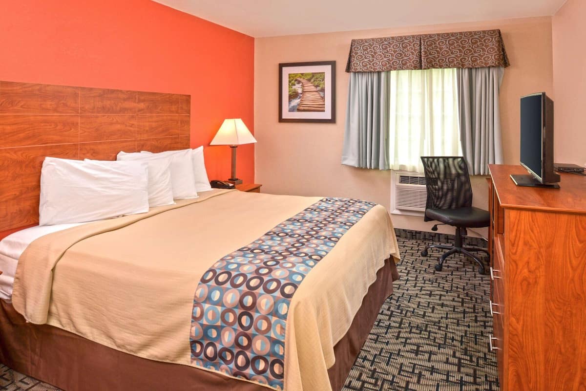 A hotel room with a bed, a desk, a chair, a television, and a window with curtains.