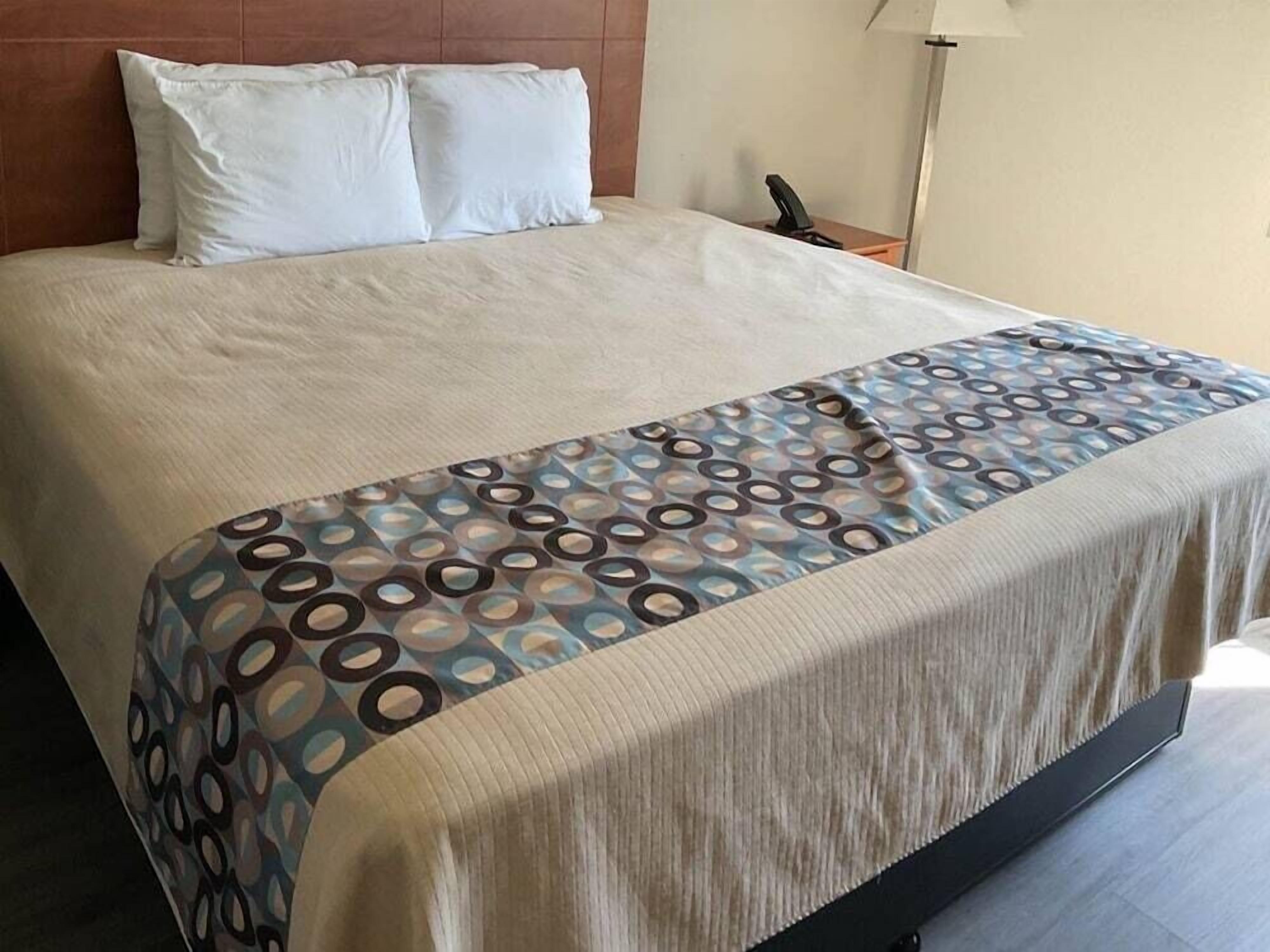Ein ordentlich bezogenes Bett mit einem gemusterten Bettüberwurf, einem Kopfteil und einem Nachttisch mit einer Lampe.