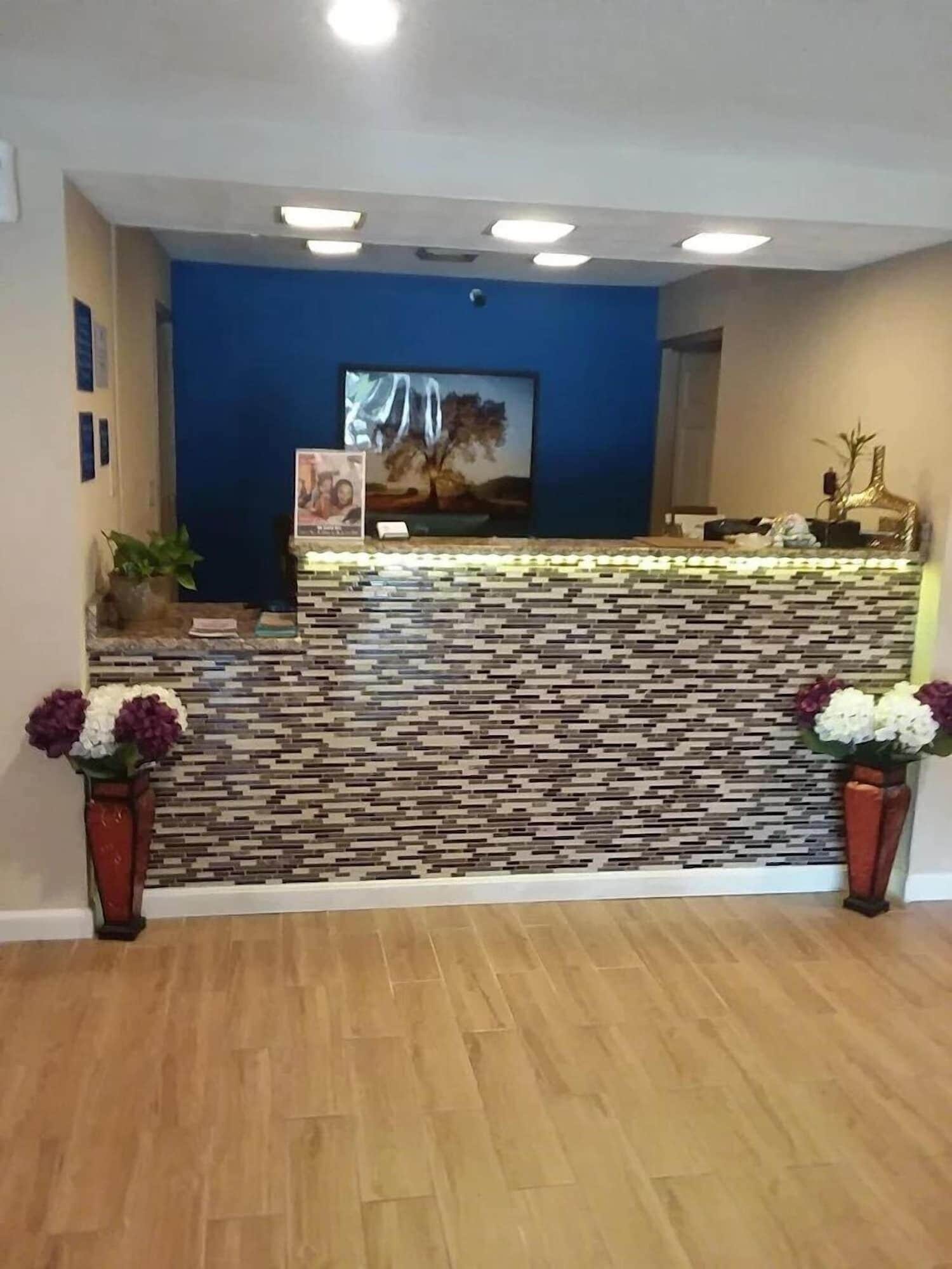 Un comptoir d’accueil orné de motifs géométriques en carreaux, un mur bleu et un tableau accroché au-dessus. Deux plantes en pot sont disposées de part et d’autre du comptoir.
