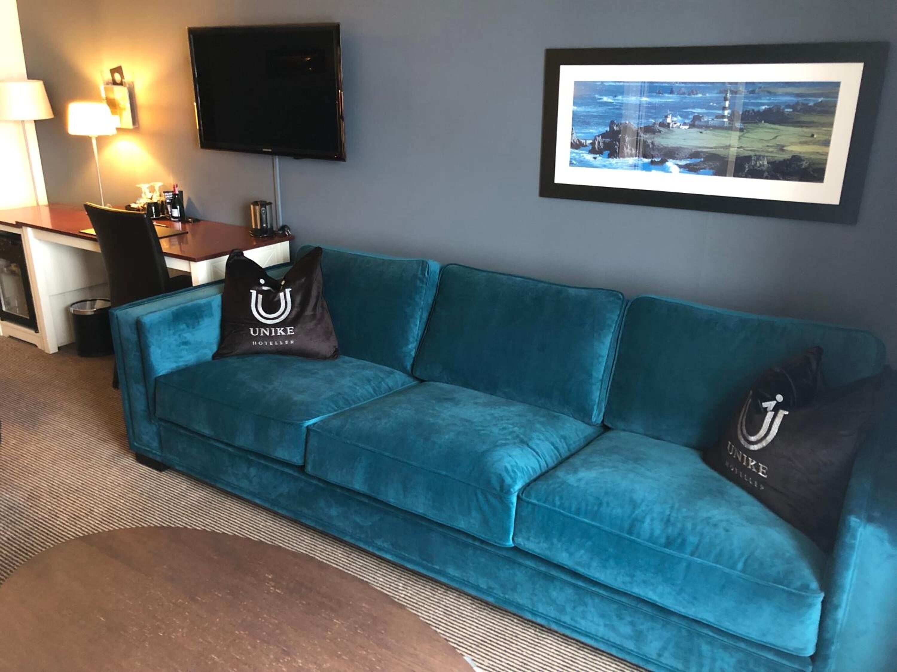 A teal sofa with two black pillows, a flat-screen TV, a framed coastal landscape picture, and a desk with a lamp and toiletries.