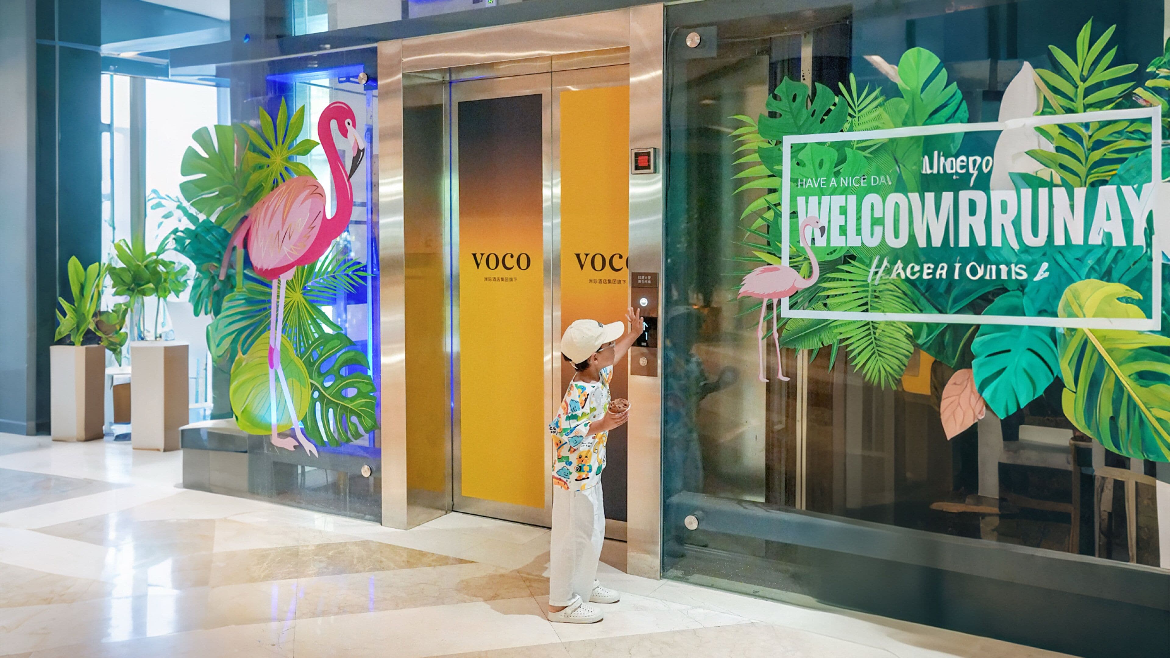 A child standing in front of a store with a colorful tropical-themed window display.