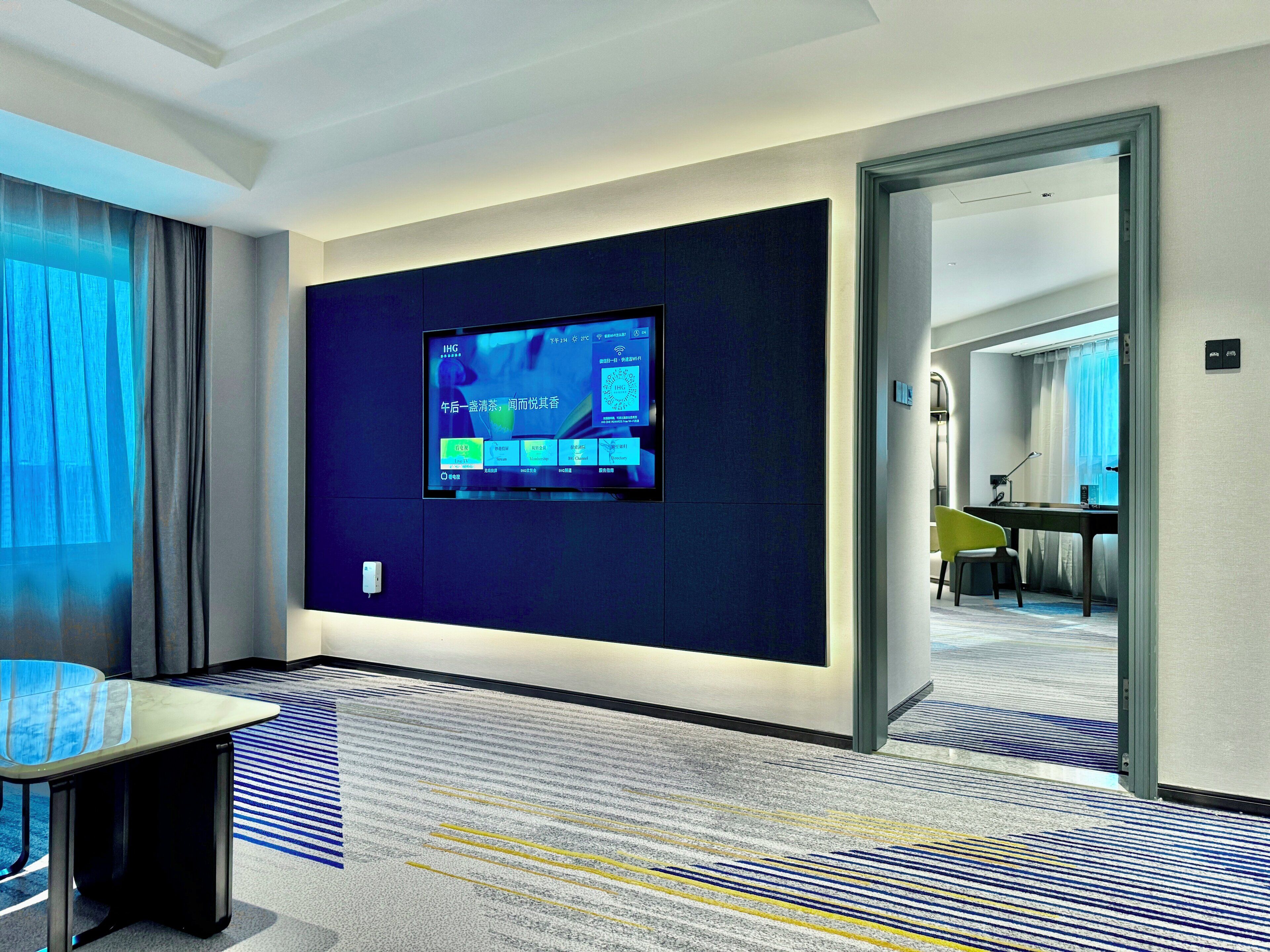 Una habitación de hotel moderna con un televisor de pantalla plana montado en la pared, un escritorio con una silla y una alfombra estampada.