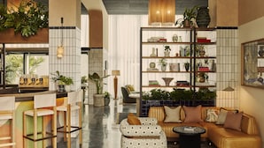 Un salon moderne comprenant un canapé, un pouf et un coin bar avec des tabourets. On y trouve également une bibliothèque avec des plantes et des livres, ainsi qu’un coin repas avec des chaises et une table.
