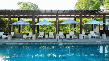 Outdoor pool, open 8:00 AM to 6:00 PM, pool umbrellas, pool loungers