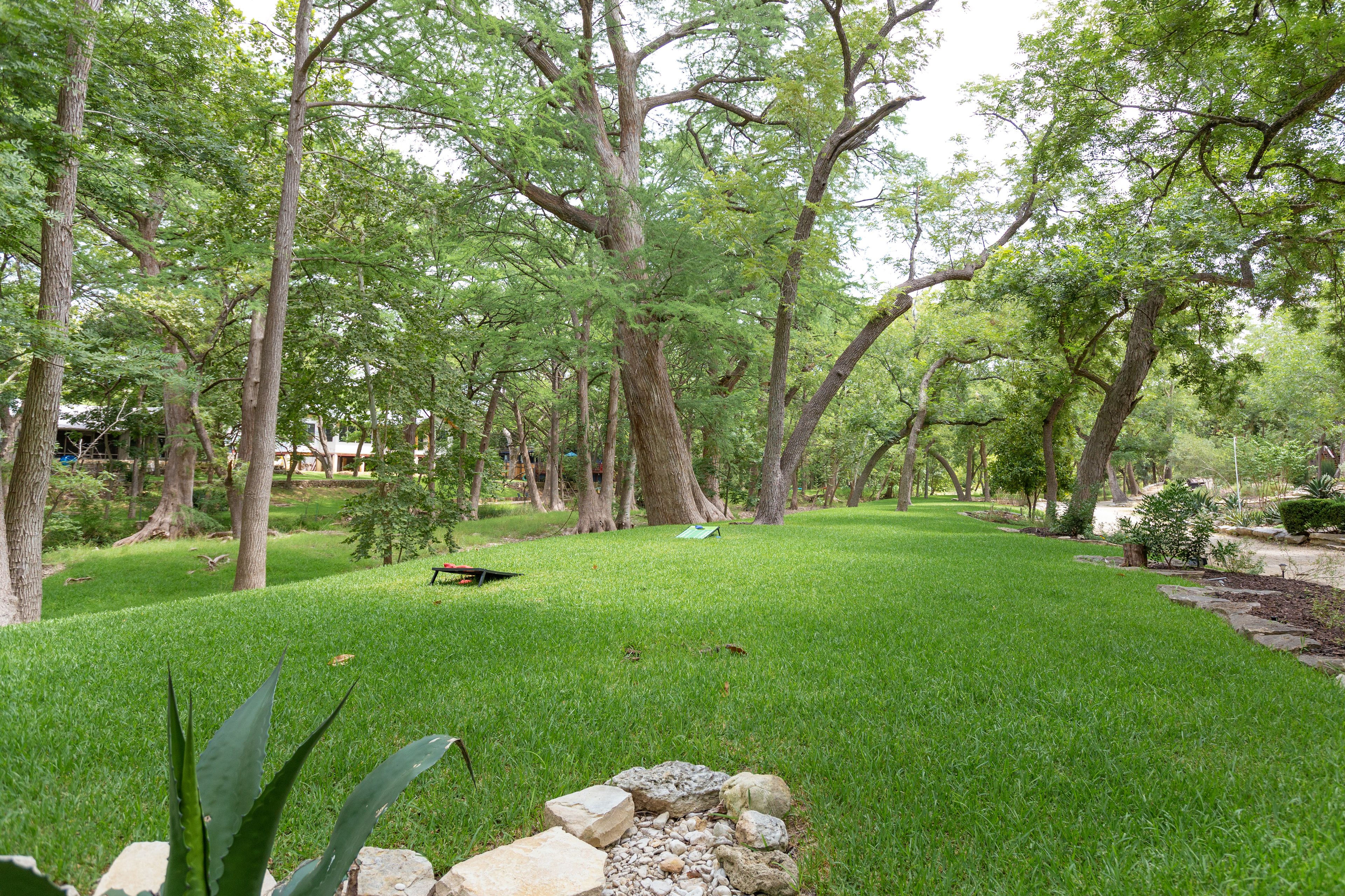 A well-maintained grassy area with trees, a stone wall, and a bench.
