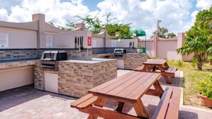 Eine Außenpatio mit Grill, einer Grillstation aus Ziegelsteinen und Picknicktischen.