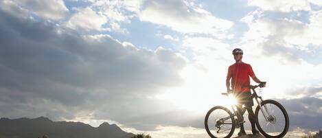 Una persona in piedi su una montagna con una bicicletta, con vista su un paesaggio montuoso sotto un cielo nuvoloso.