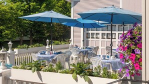 Une terrasse extérieure avec des chaises et des tables blanches, des parasols bleus et des plantes en pot.