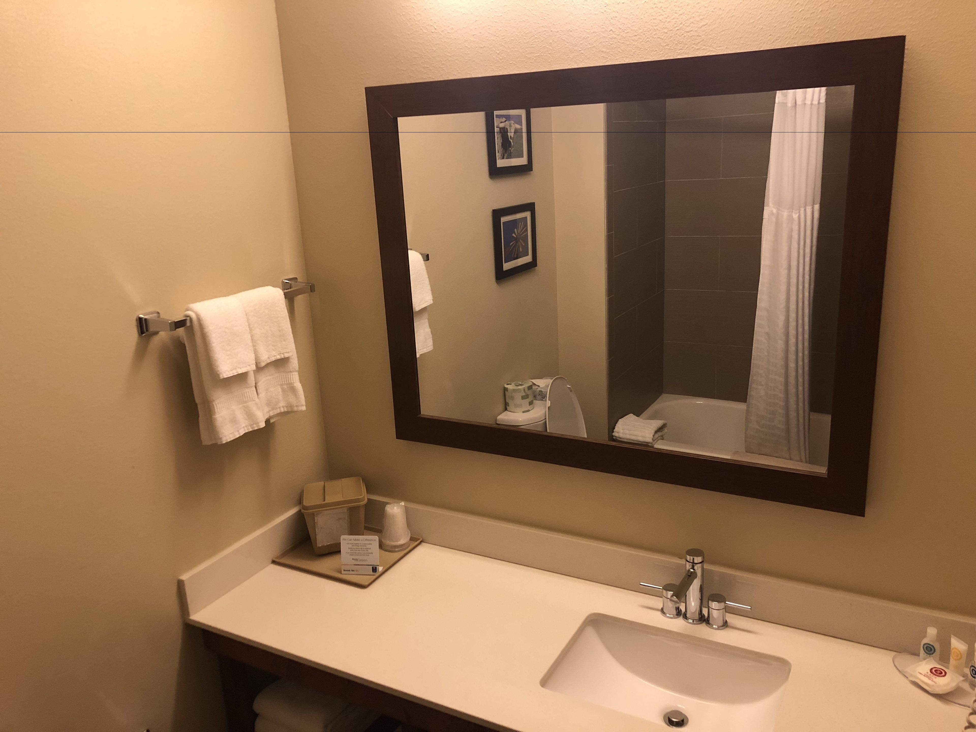 A bathroom with a large mirror, a sink, a towel rack, and a shower curtain.