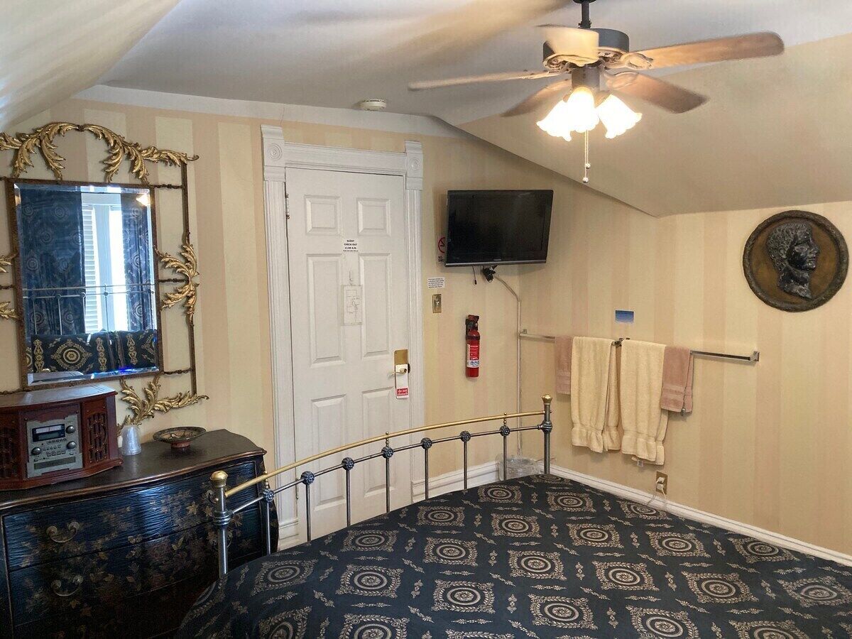 Una habitación de hotel con alfombra estampada, ventilador de techo, televisión montada en la pared y un espejo decorativo.