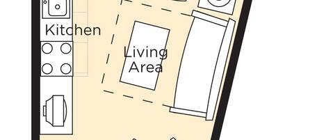 A floor plan of a house with a kitchen, dining area, living area, bedroom, and bathroom.