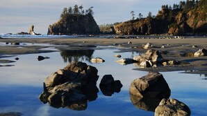 A rocky shoreline with large boulders and calm water reflecting the landscape.