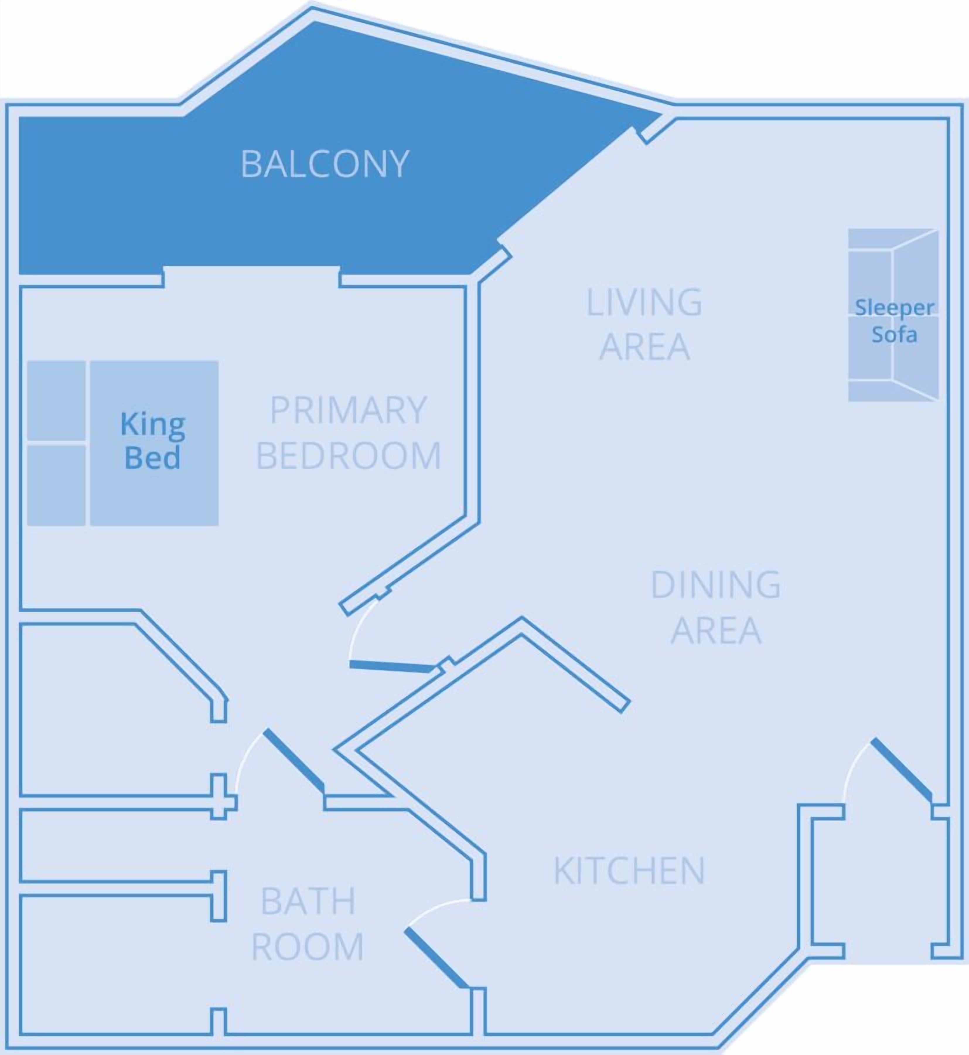 A floor plan of a hotel with a balcony, primary bedroom, living area, dining area, kitchen, and bathroom.