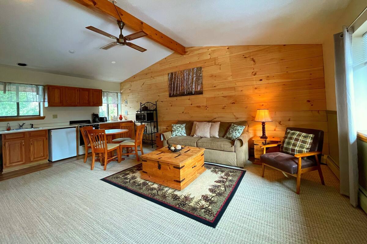 A spacious living area with a wooden floor, a dining table, and a sofa. There is a kitchen in the background with wooden cabinets and a ceiling fan.