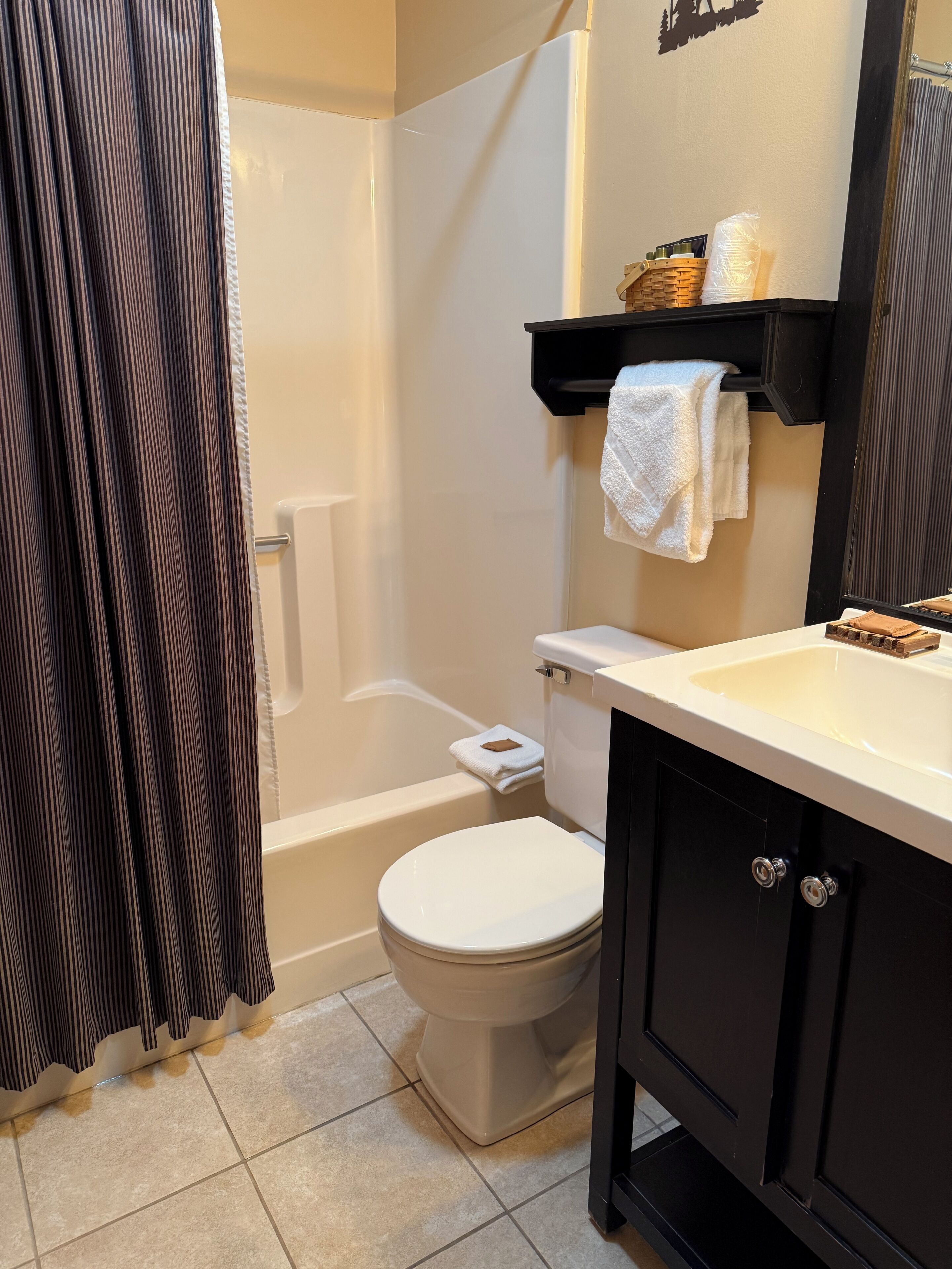 Een badkamer met toilet, douche en een wastafel met spiegel.