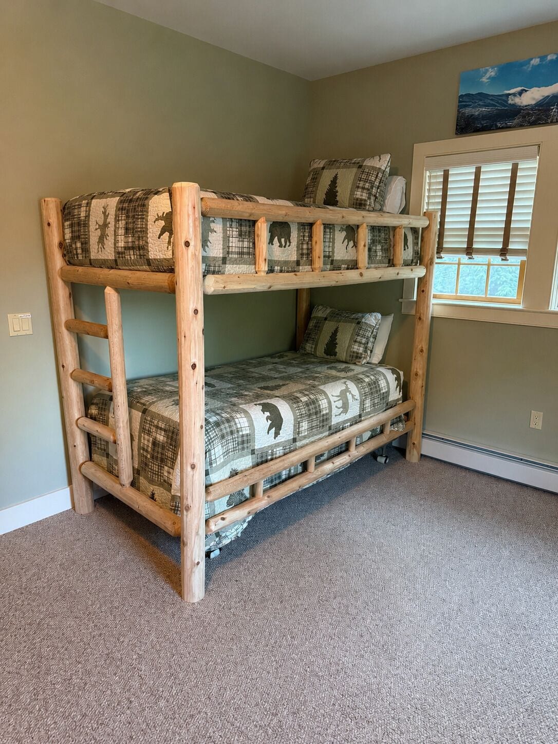 Una cama litera con escalera, una ventana con persianas y suelo cubierto de alfombra.