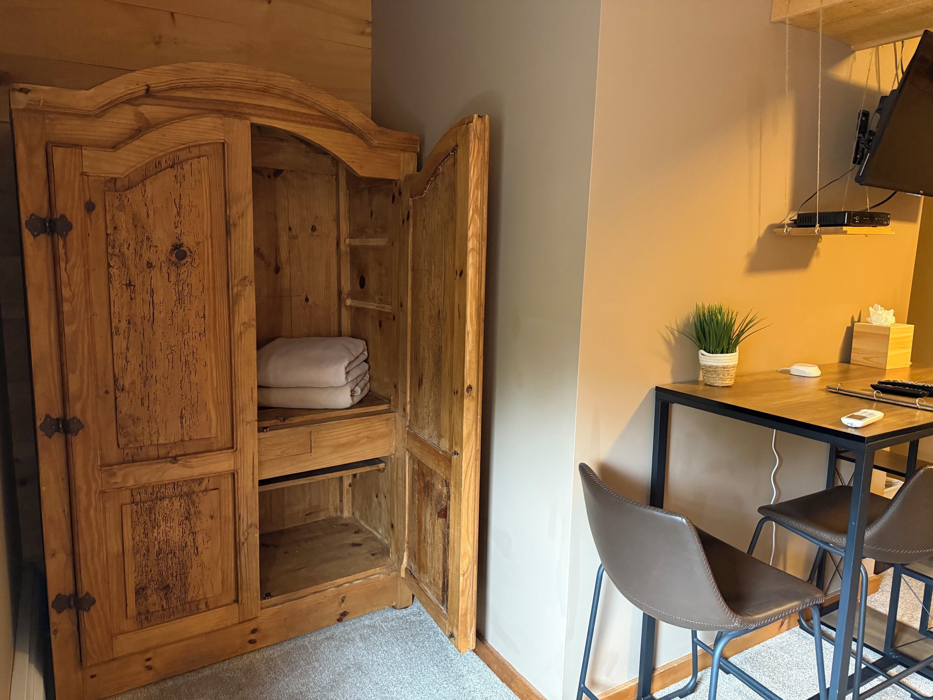 A wooden cabinet with shelves, a small table with a plant, and two chairs.