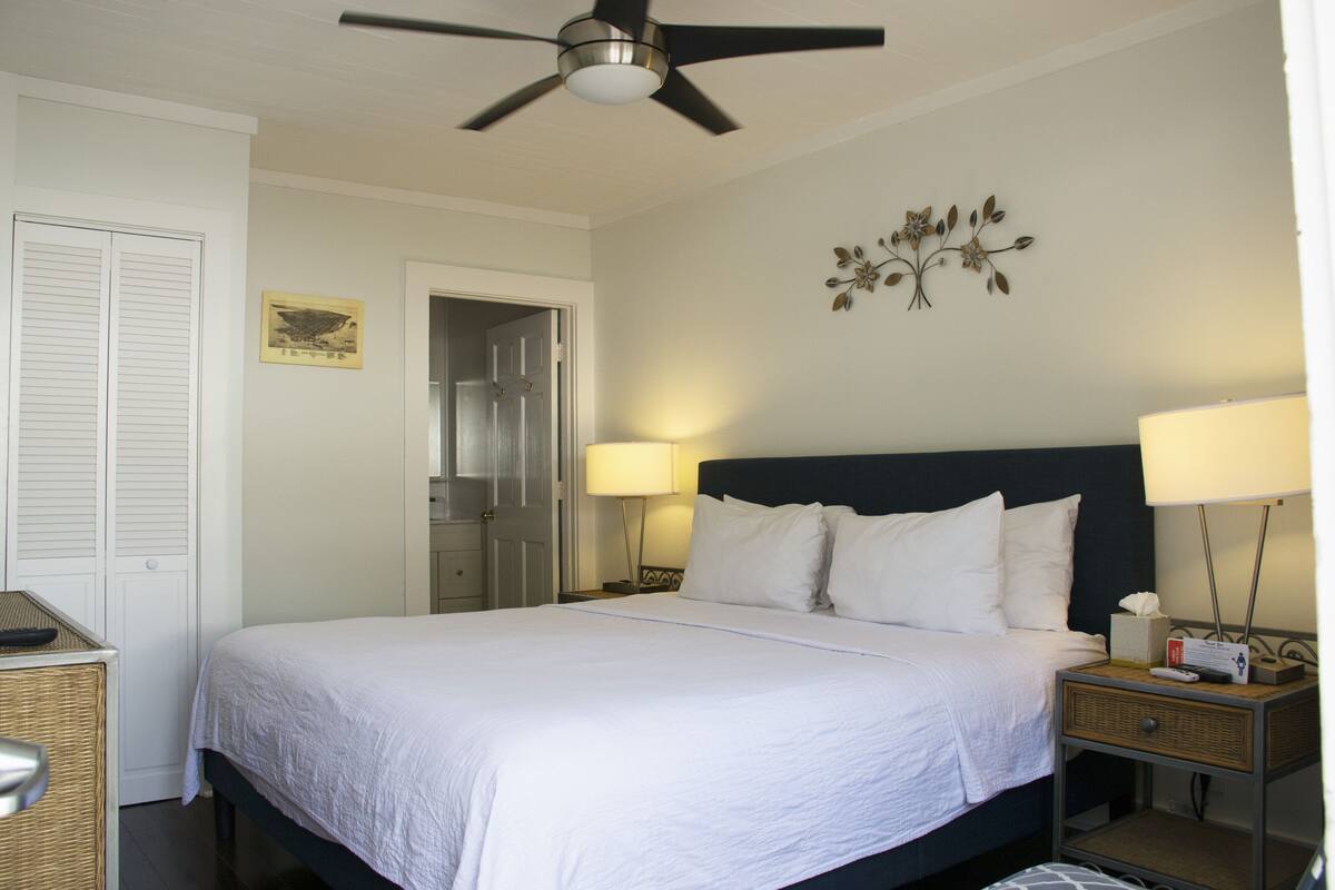 A neatly made bed with white linens, a ceiling fan, two bedside lamps, a nightstand with a tissue box, and a wall-mounted decorative piece.