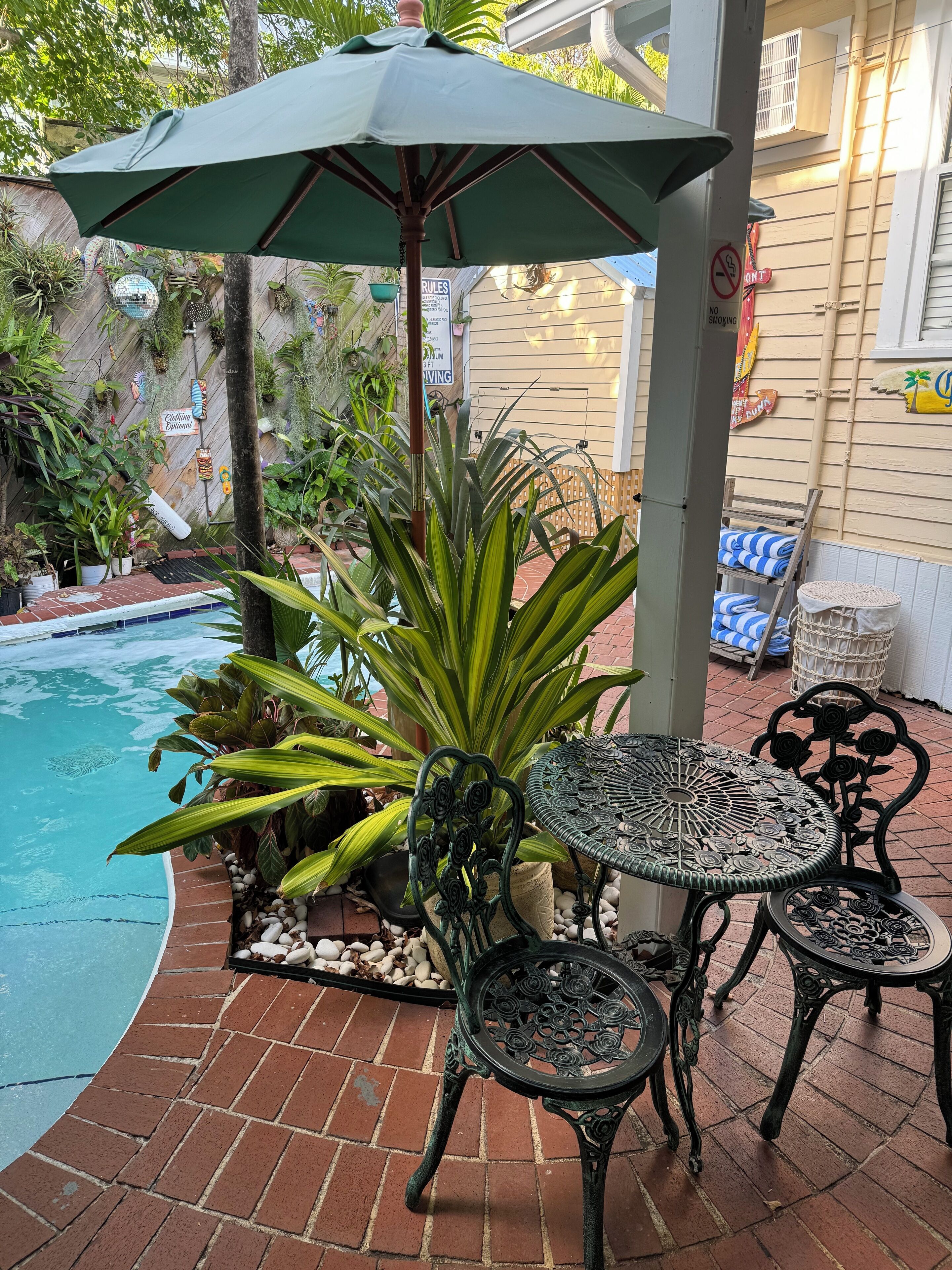 A poolside area with a covered table and chairs, surrounded by potted plants and a brick patio.