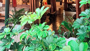 Interior de madeira em vários níveis, com um candelabro, obras de arte e plantas em vasos.