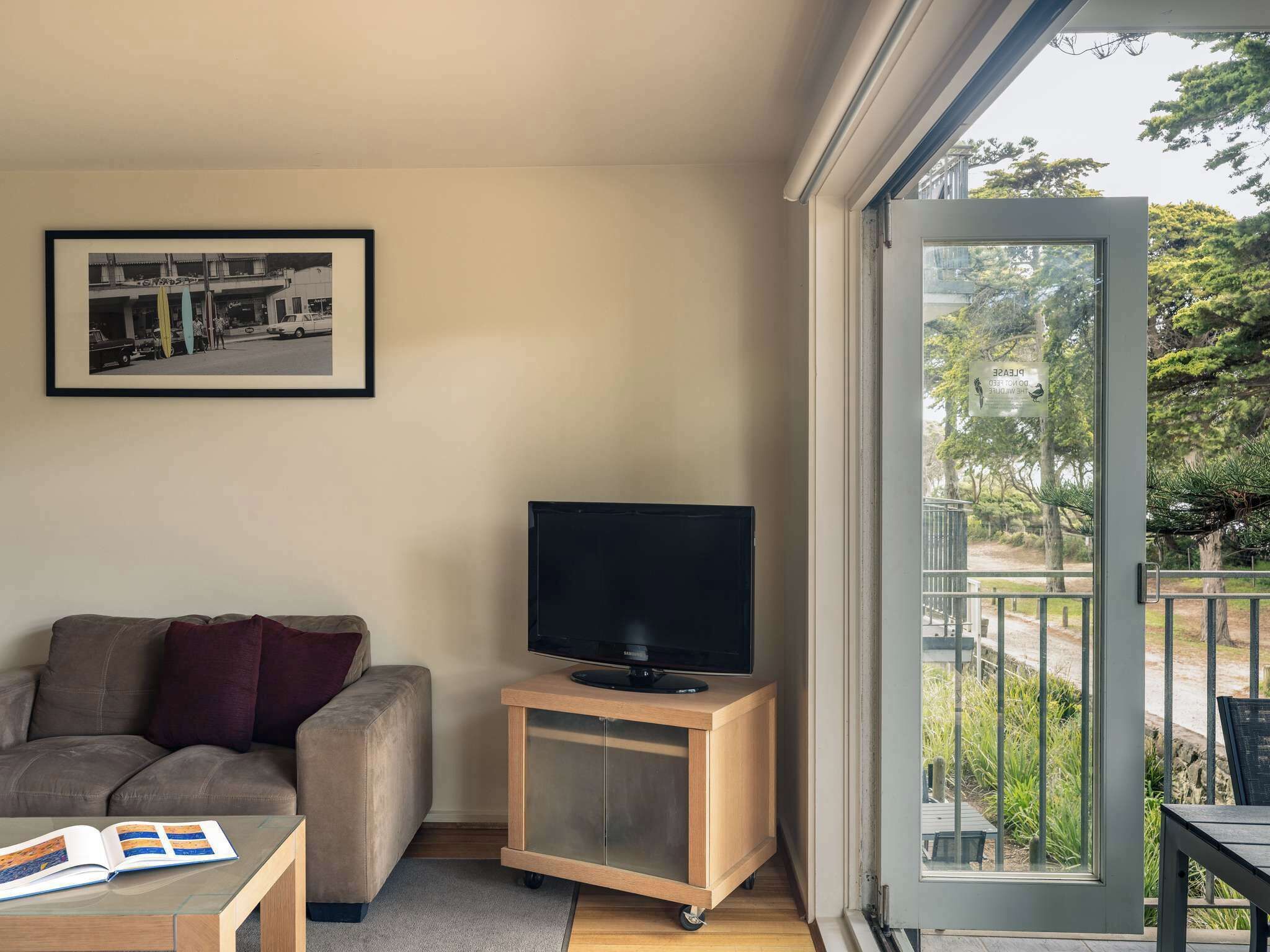 A living room with a sofa, a television on a wooden stand, a framed photo on the wall, and a sliding glass door leading to an outdoor area.