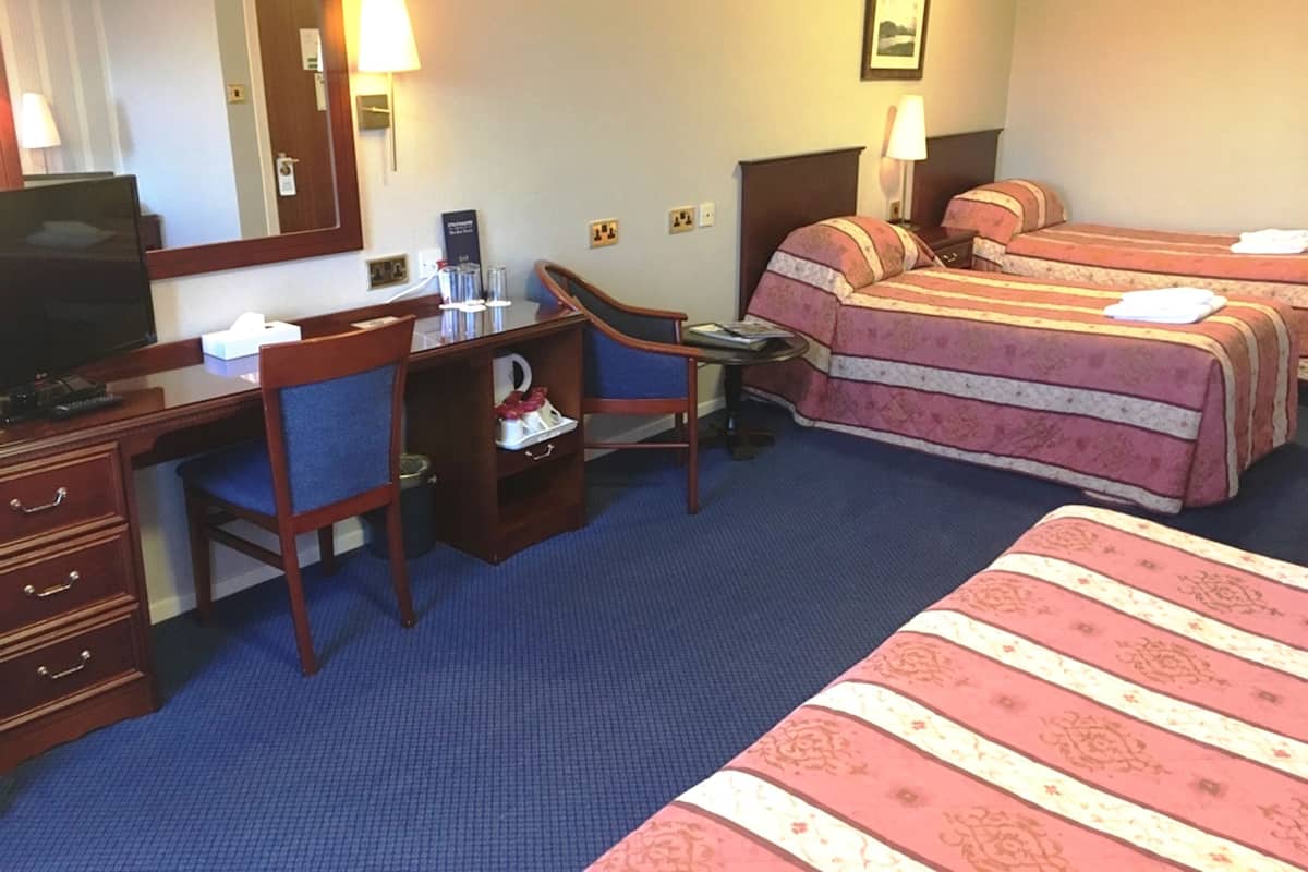 A hotel room with a desk, chair, two beds, a television, and a mirror.