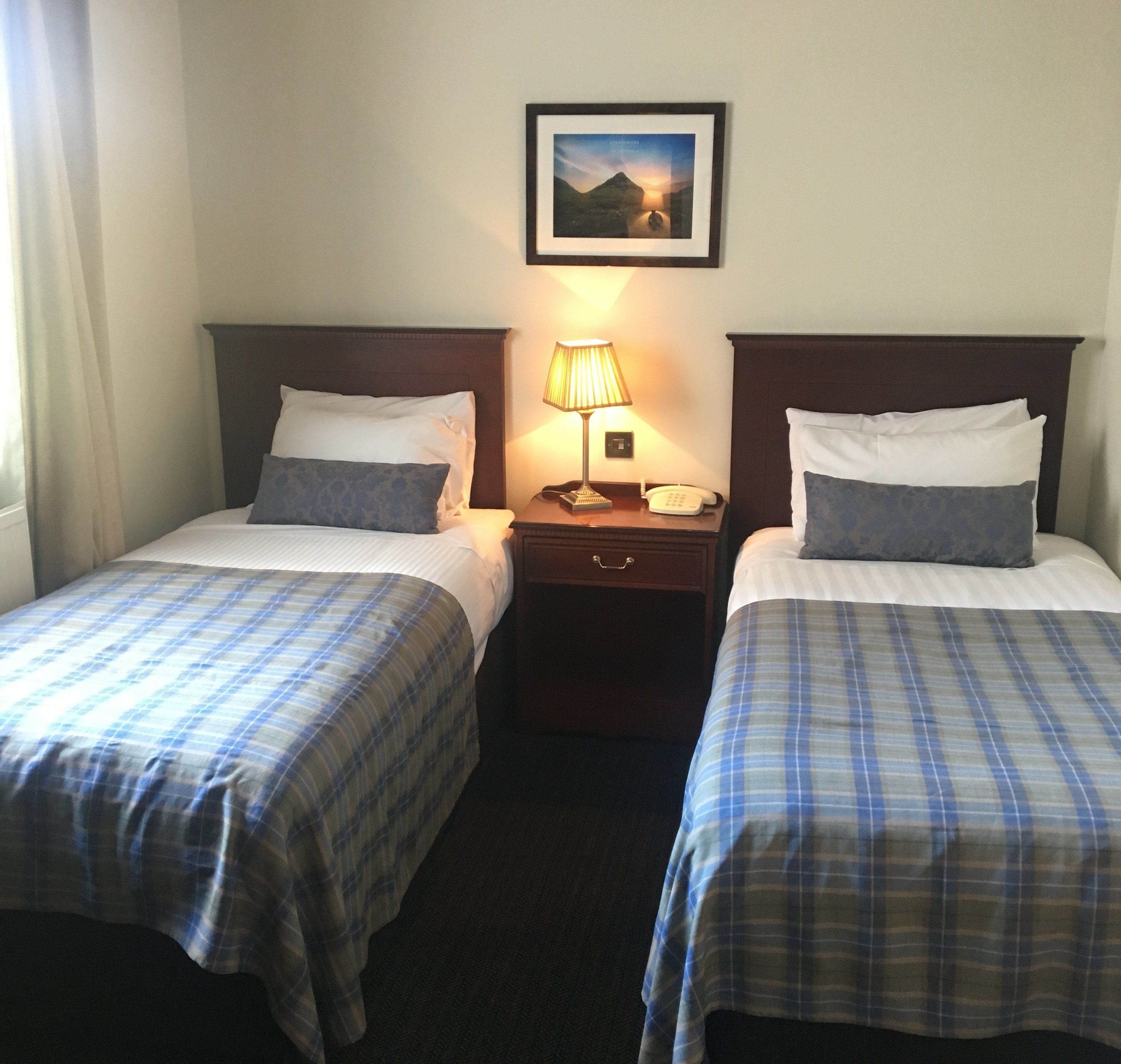 A hotel room with two beds, each with a blue and white checkered bedspread, a nightstand with a lamp, a phone, and a framed picture on the wall.