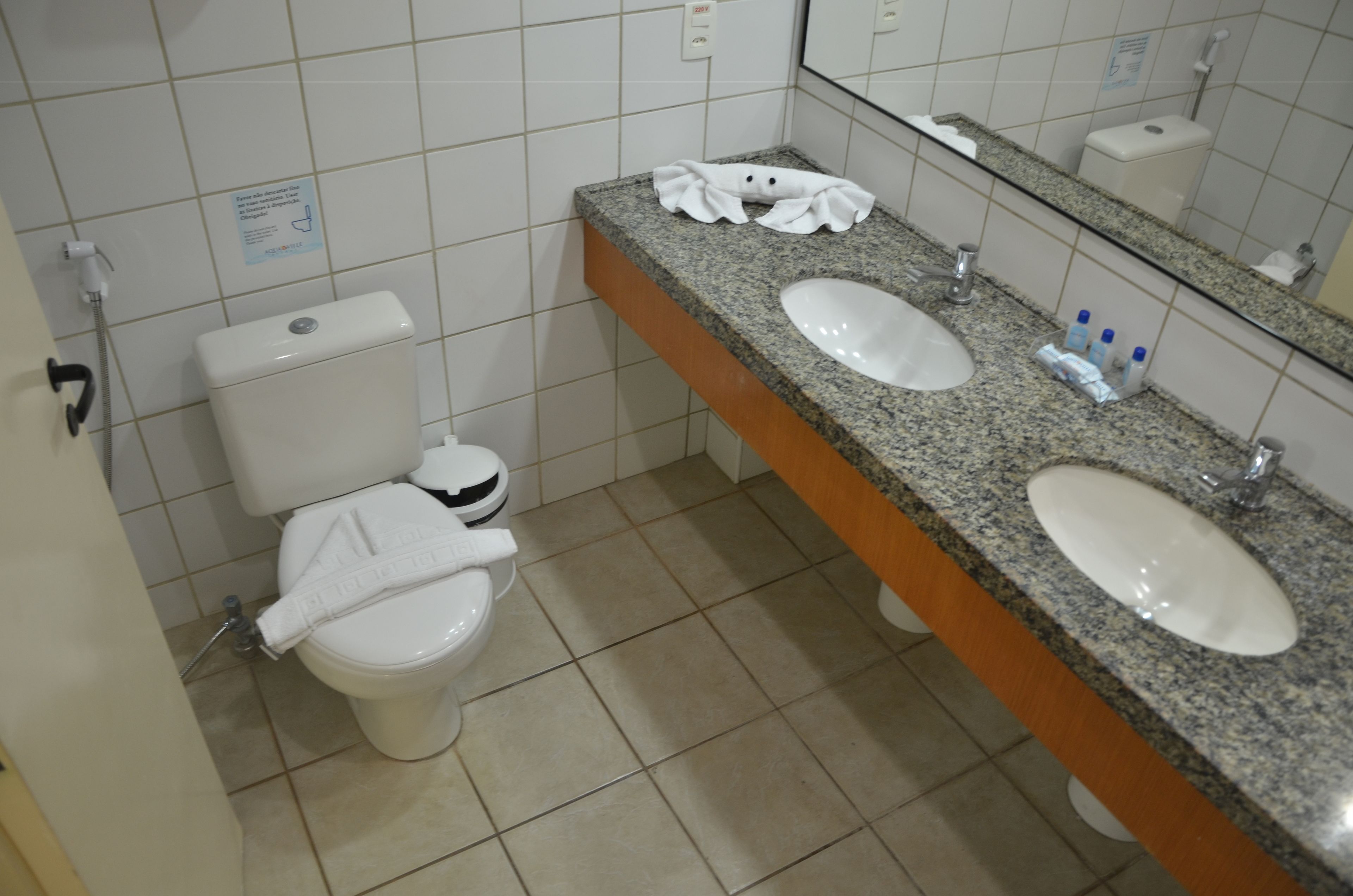 A bathroom with a toilet, sink, and mirror.
