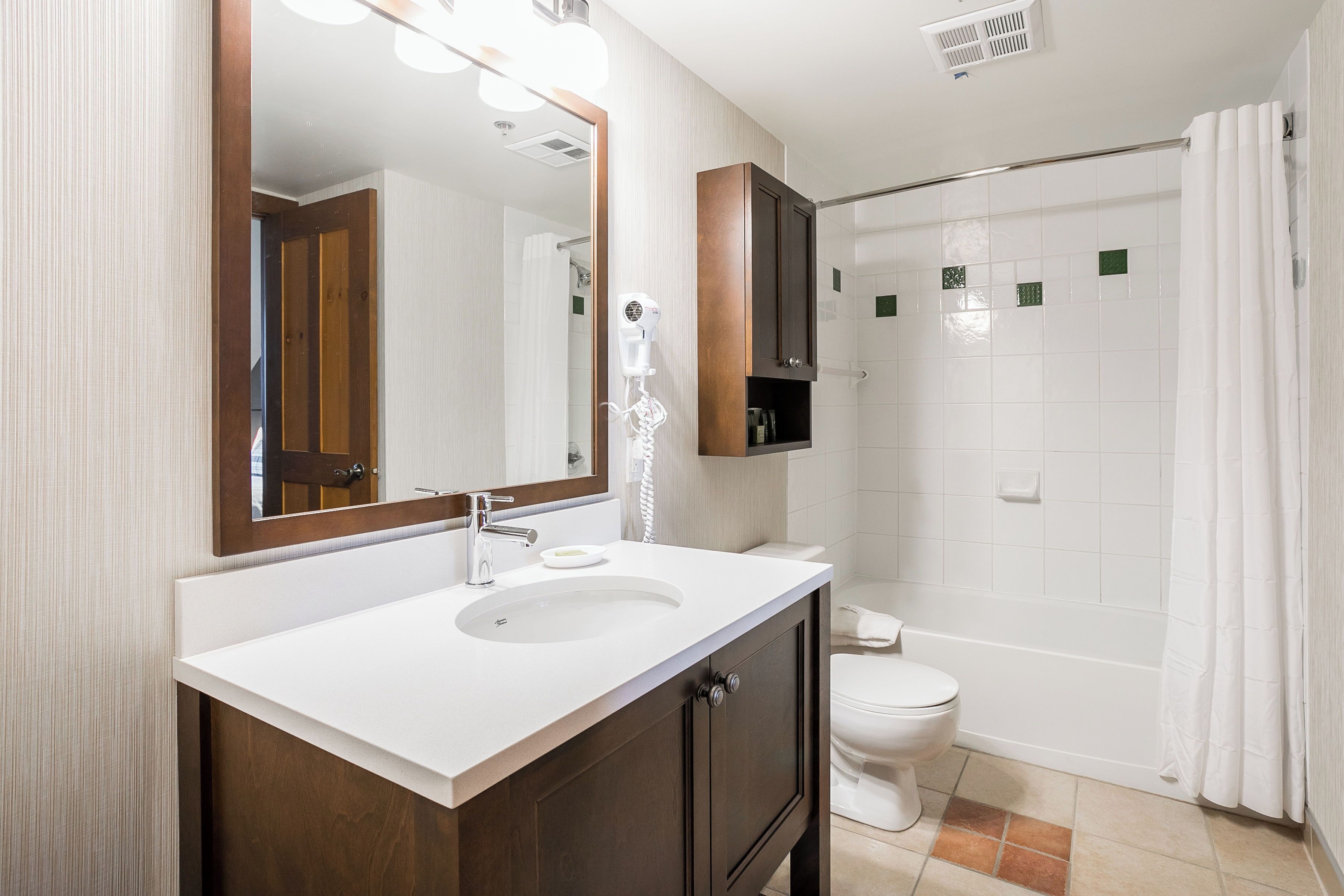 combined shower/bathtub, free toiletries, hair dryer, towels