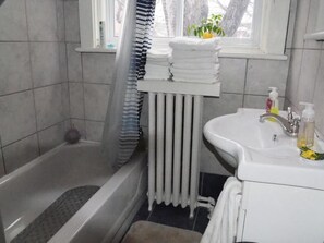 Combined shower/bathtub, free toiletries, hair dryer, slippers