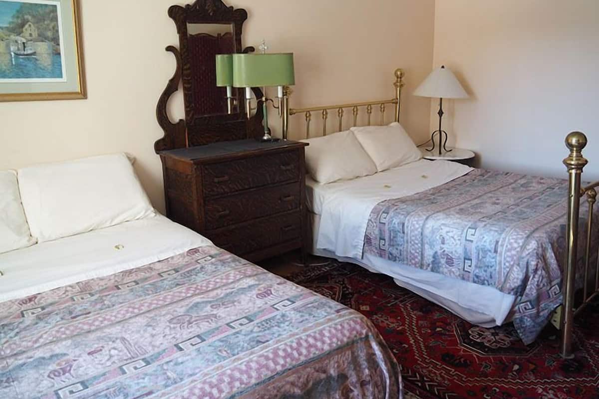 Une chambre avec deux lits simples, une commode en bois, un miroir, une table de chevet avec une lampe et un tapis à motifs.