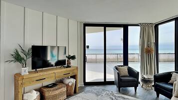 Condo, 1 King Bed with Sofa bed, Patio, Ocean View (#105 West - No Pets) | Living area | TV