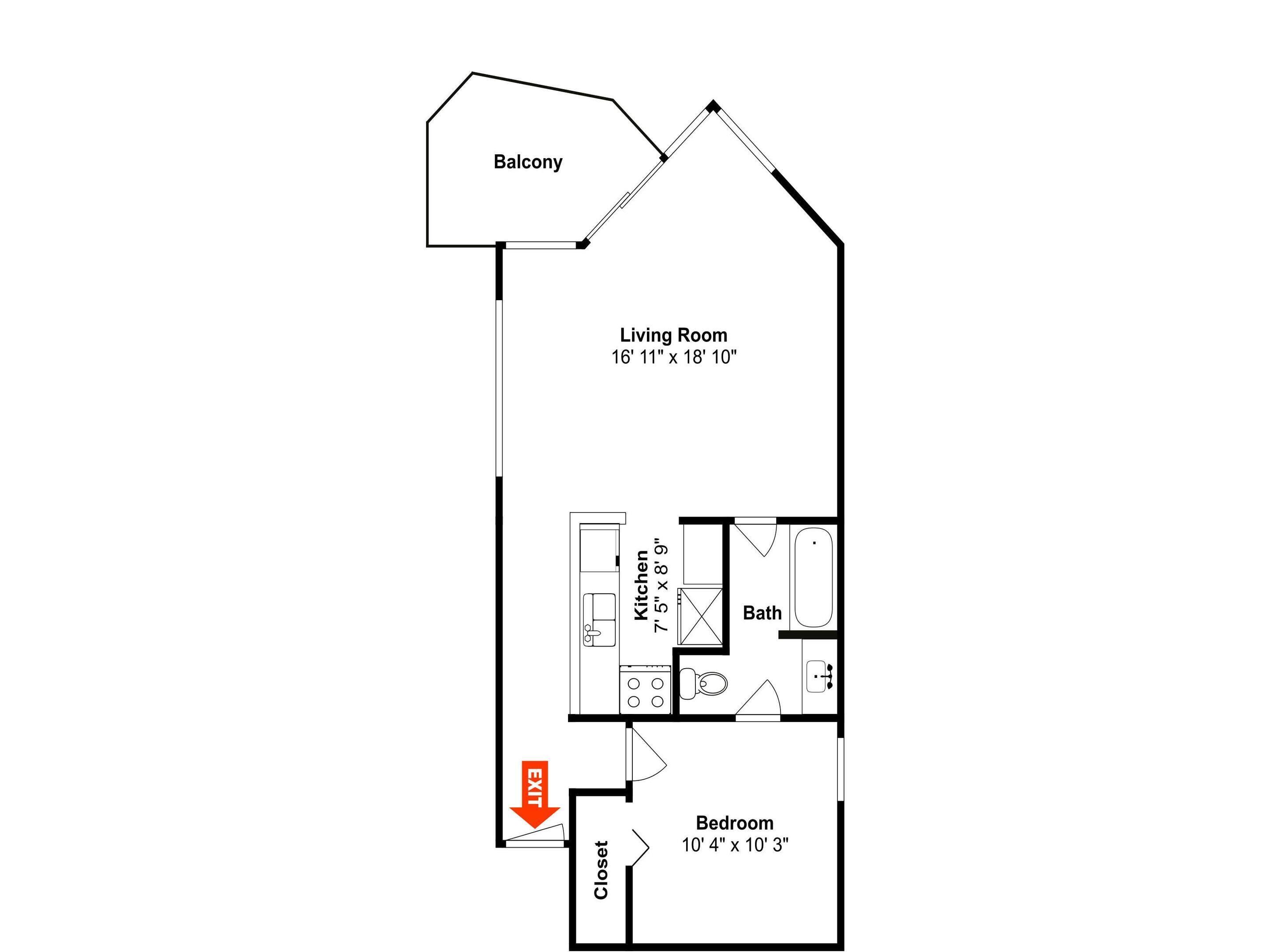 A floor plan of a house with a balcony, living room, kitchen, bathroom, and bedroom.