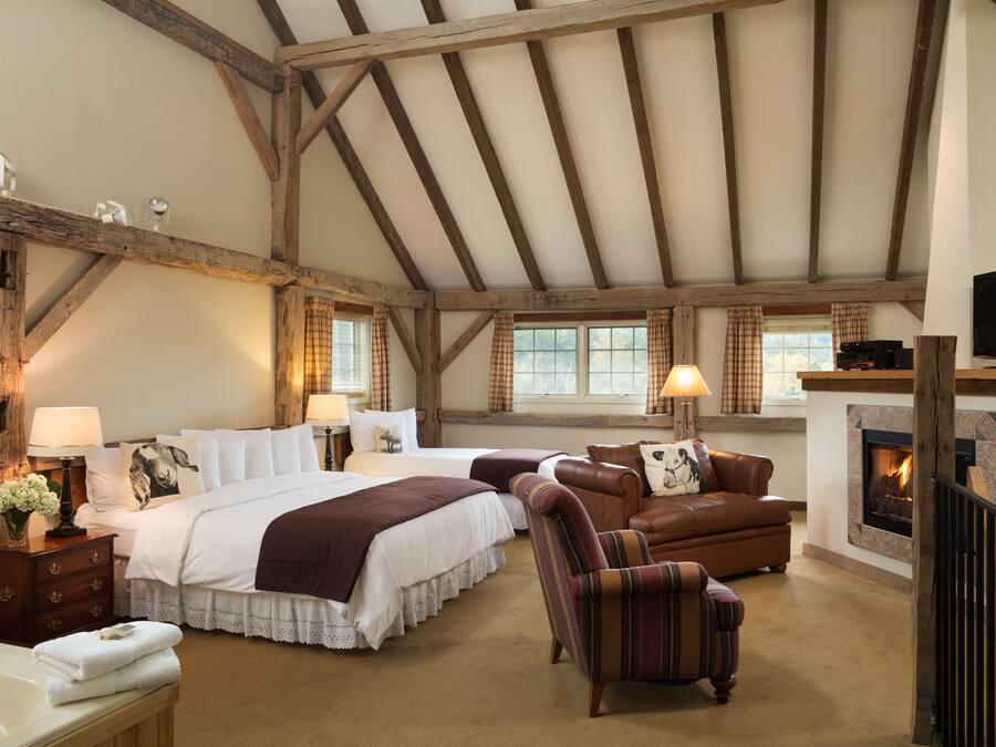 Ruime kamer met een hoge plafond, houten balken, een open haard, een bed, een bank en een televisie.