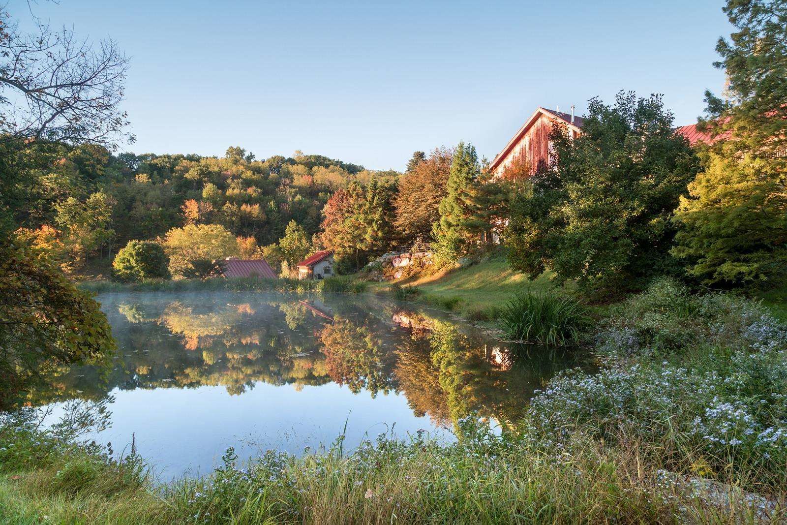 Eine friedliche Seenlandschaft mit einer Holzhütte und einem Gebäude mit rotem Dach, umgeben von Herbstlaub.