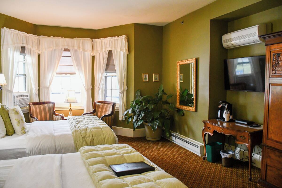 A hotel room with two beds, a large potted plant, a TV, and a desk with a coffee maker.
