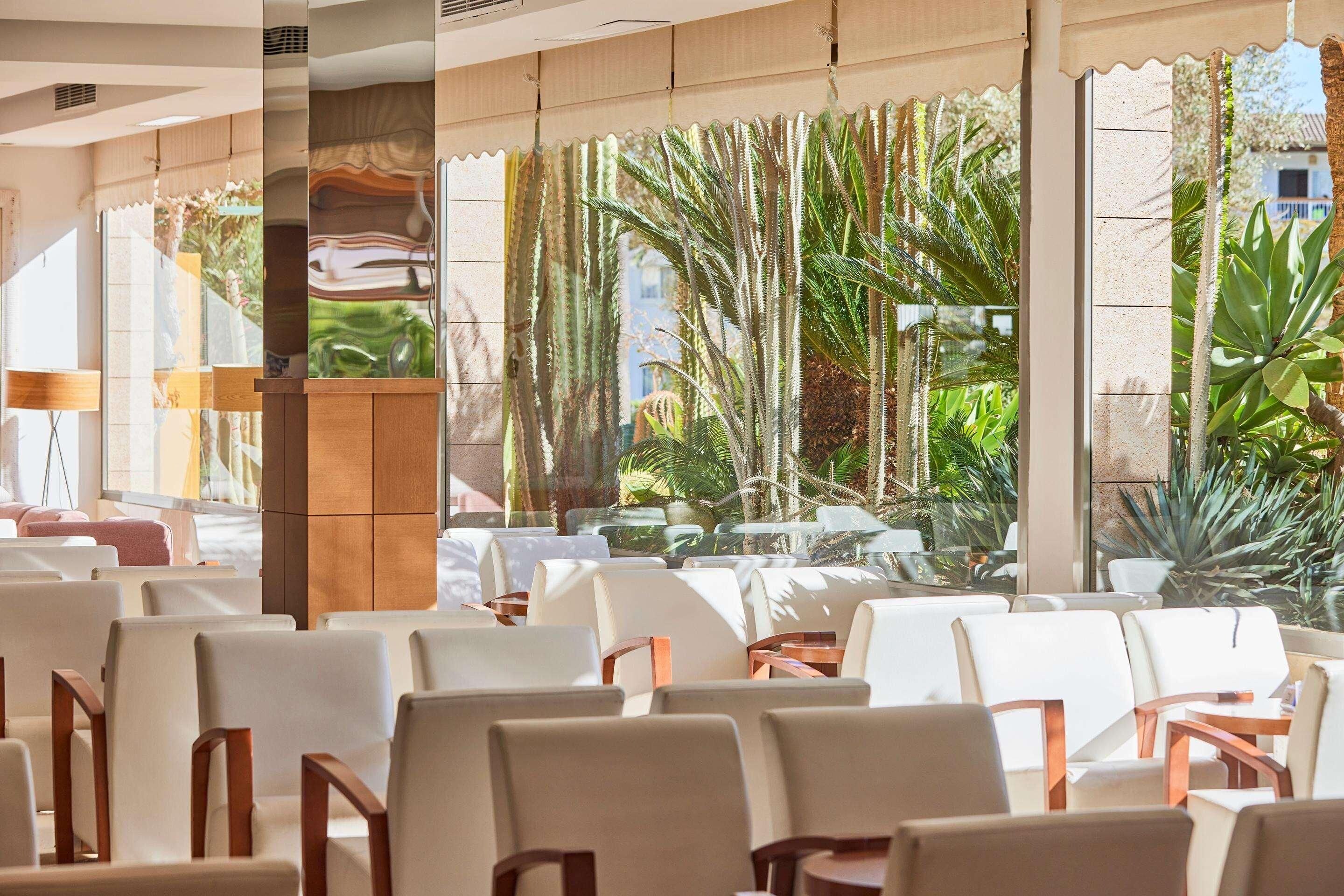 Un vestíbulo de hotel con filas de sillas blancas, un mostrador de recepción de madera y grandes ventanales que ofrecen vistas a plantas tropicales y un edificio exterior.