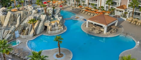 2 outdoor pools, open 8:00 AM to 10:00 PM, pool umbrellas, sun loungers