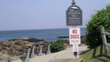 Señal de entrada a un paseo marítimo en la playa con un letrero que indica 'No se permiten perros' y un aviso de multa de 100 dólares por perros.