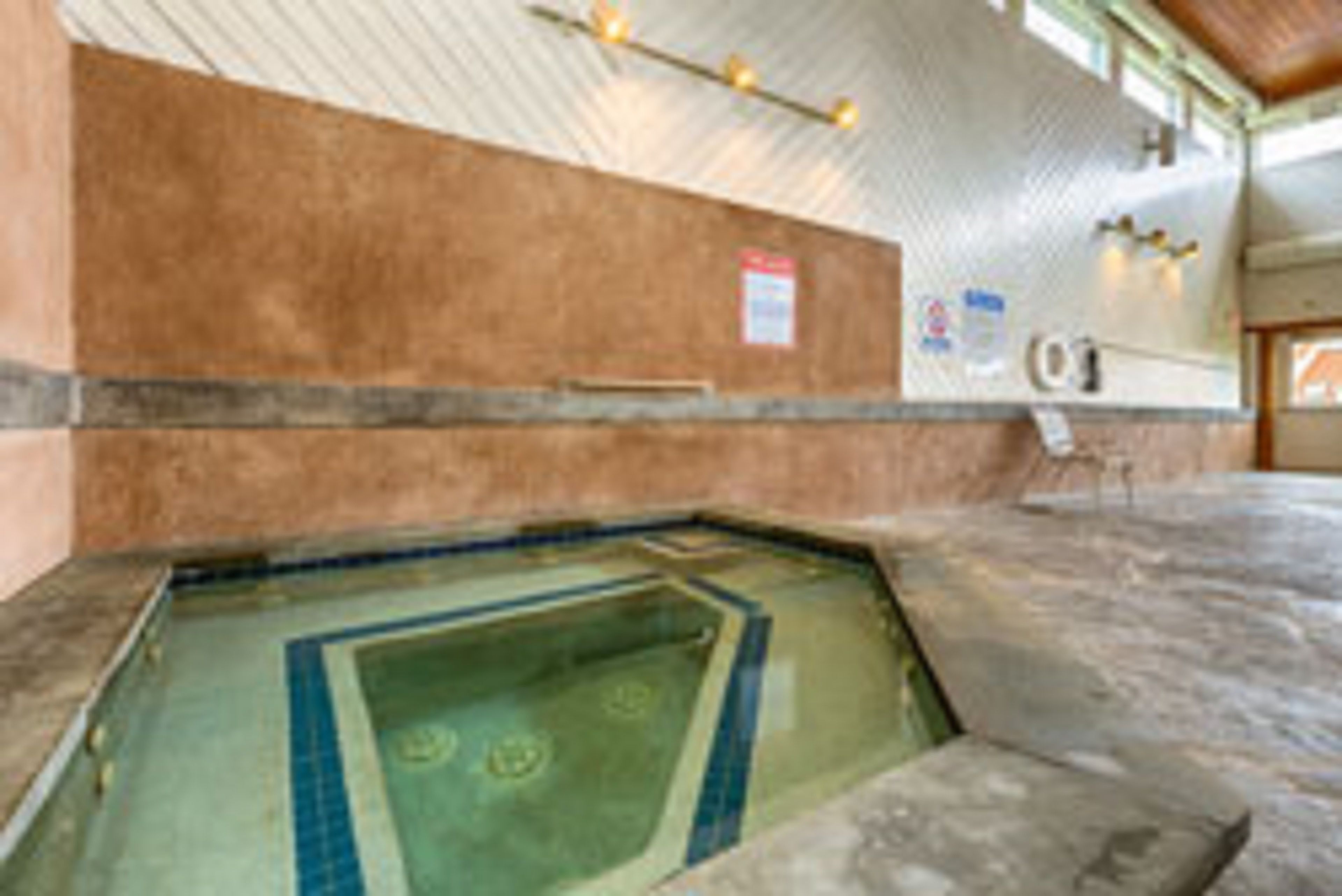 Una piscina con interior de azulejos, una cubierta de madera y una estructura de techo metálica.