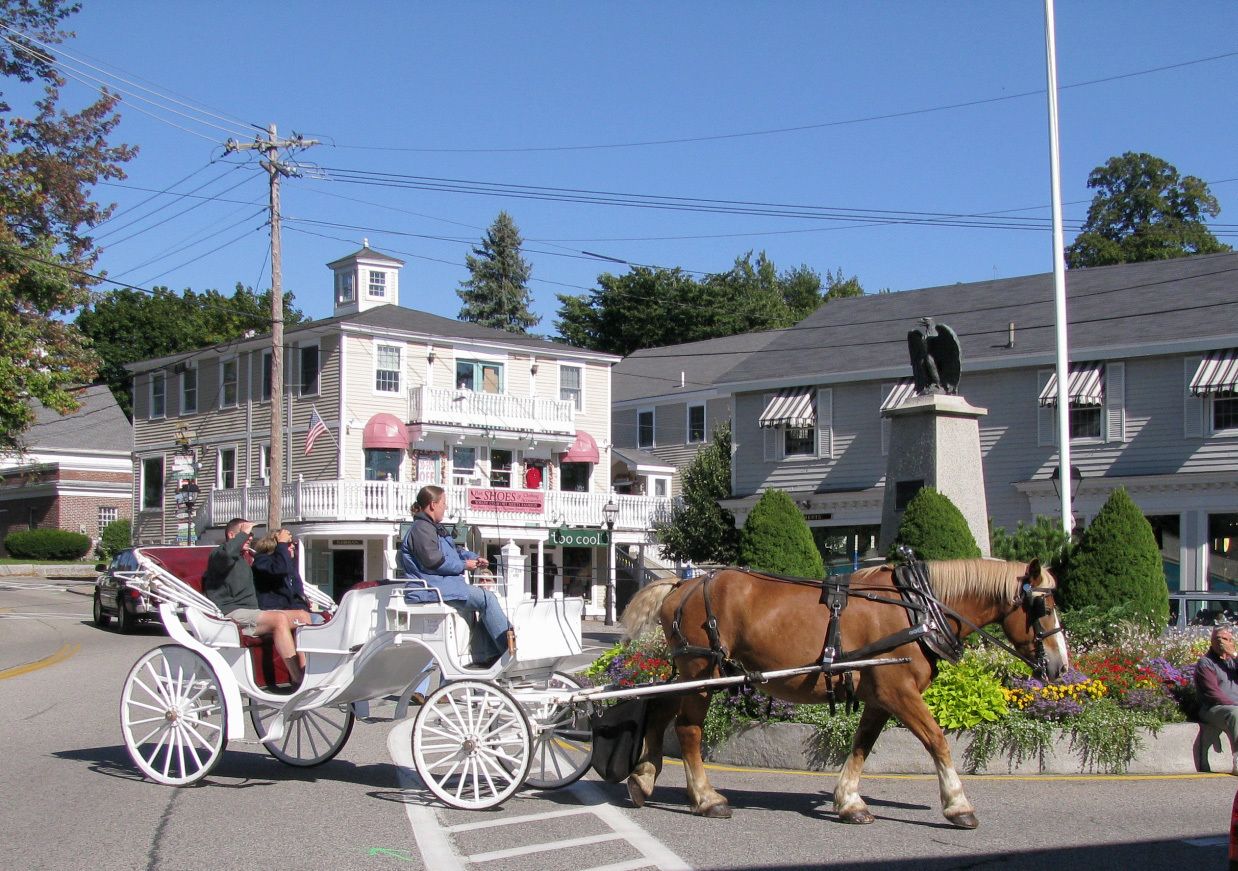 A horse-drawn carriage on a street with buildings in the background.