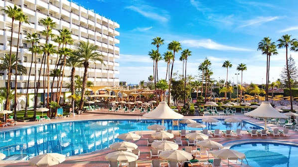 Outdoor pool, pool umbrellas, pool loungers