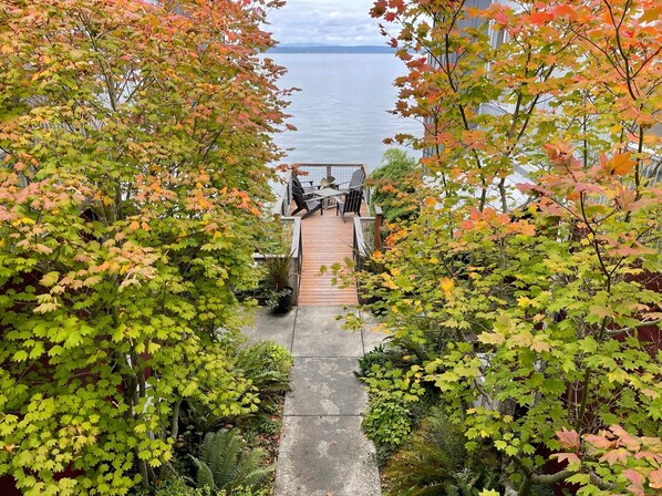 Une terrasse en bois avec des sièges extérieurs, donnant sur une étendue d’eau et entourée d’arbres aux feuilles d’automne.