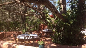 An outdoor dining area with tables and chairs under large trees, surrounded by greenery.